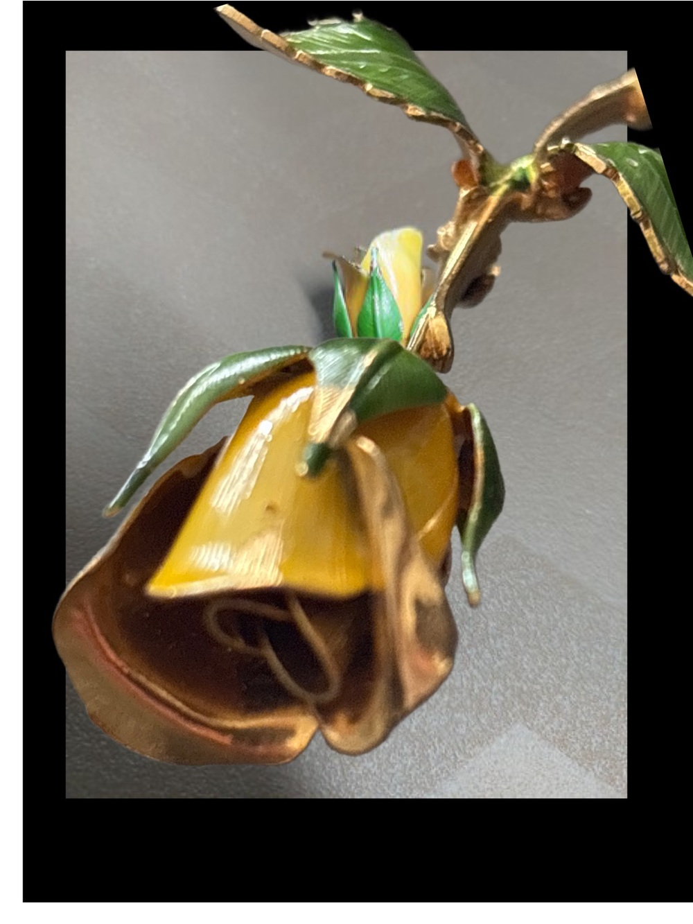 Enamel Yellow Rose Brooch with Green Leaves